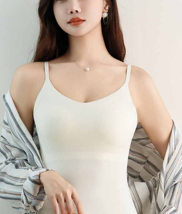 High-quality women's seamless ice silk camisole design tank top with built-in bra pads, slim-fit open-back beauty back inner wear