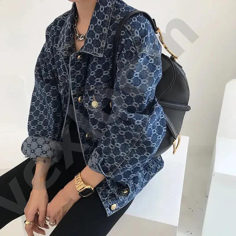 Veste en jean jacquard vintage pour femme, col à revers, boutons dorés, manches longues, manteau surdimensionné, motif géométrique, coupe ample,
