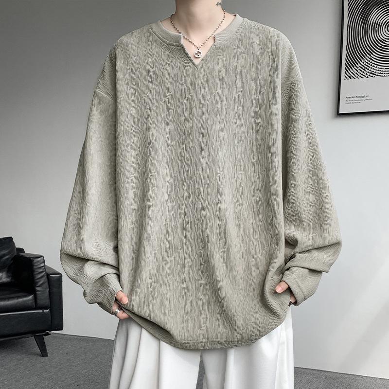 Men's Designer Textured V-Neck Long Sleeve T-Shirt Plus Size Loose Fit Solid Color Casual Autumn Spring Base Layer Top