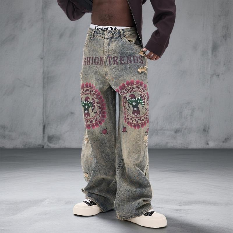Designer Oversized Men's American Style Graffiti Print Loose Straight Leg Jeans Distressed Washed Ripped Denim Pants Streetwear Hip Hop Trouser