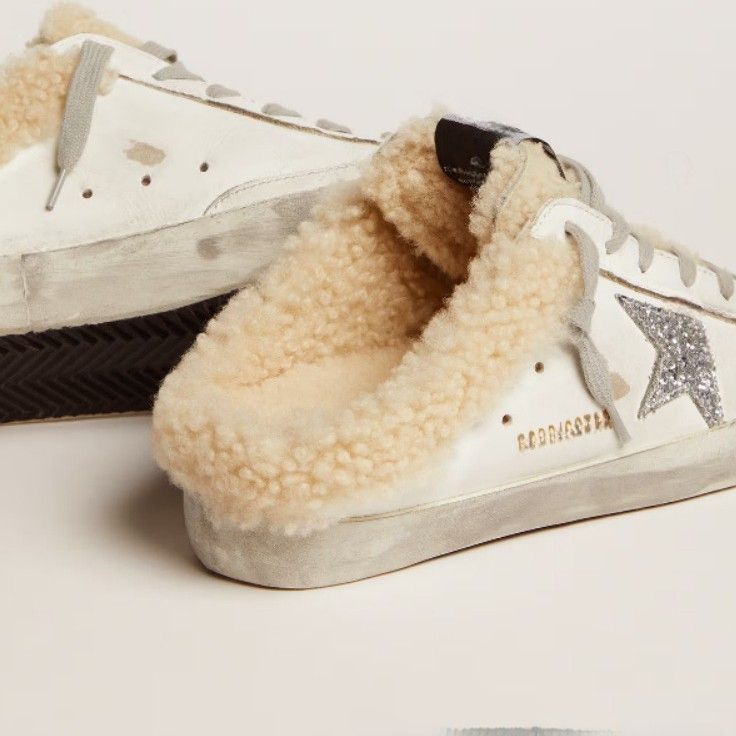 Slippers Men Distressed White Leather Sneakers With Glitter Star Design And Warm Plush Fleece Lining For Winter Casual Daily Wear