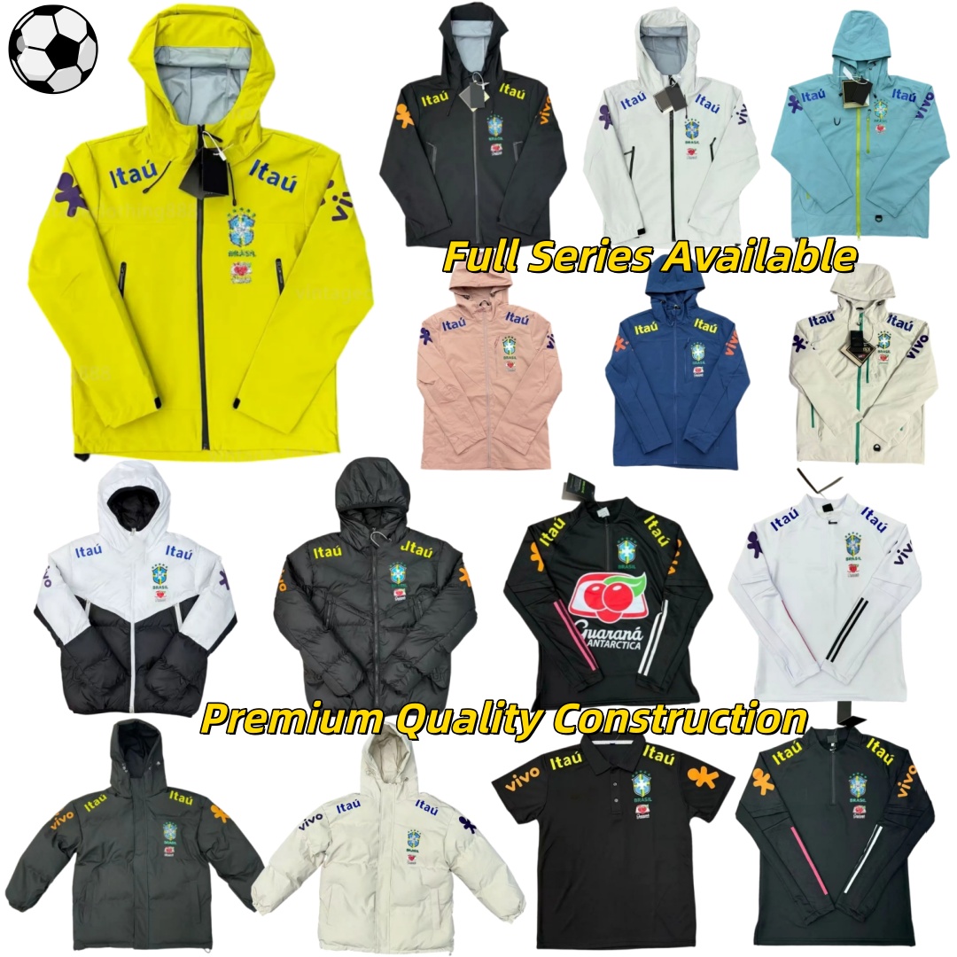 Jacket Men Brazil National Team Football Windbreaker Hooded Jacket Full Zip Waterproof Soccer Training Coat Outdoor Sports Casual Track Jacket for F