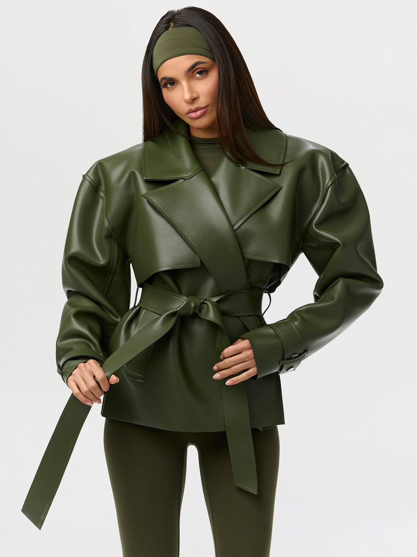 Fashionable retro solid color lapel lapel long sleeved lace up short leather jacket for women, European and American style 3 e3