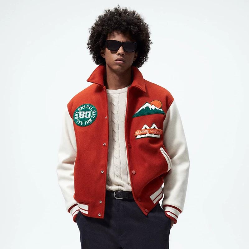 Designer Coat Mens American Style Bomber Jacket Thick Padded Wool-Like Baseball Coat Solid Color Embroidered Outerwear