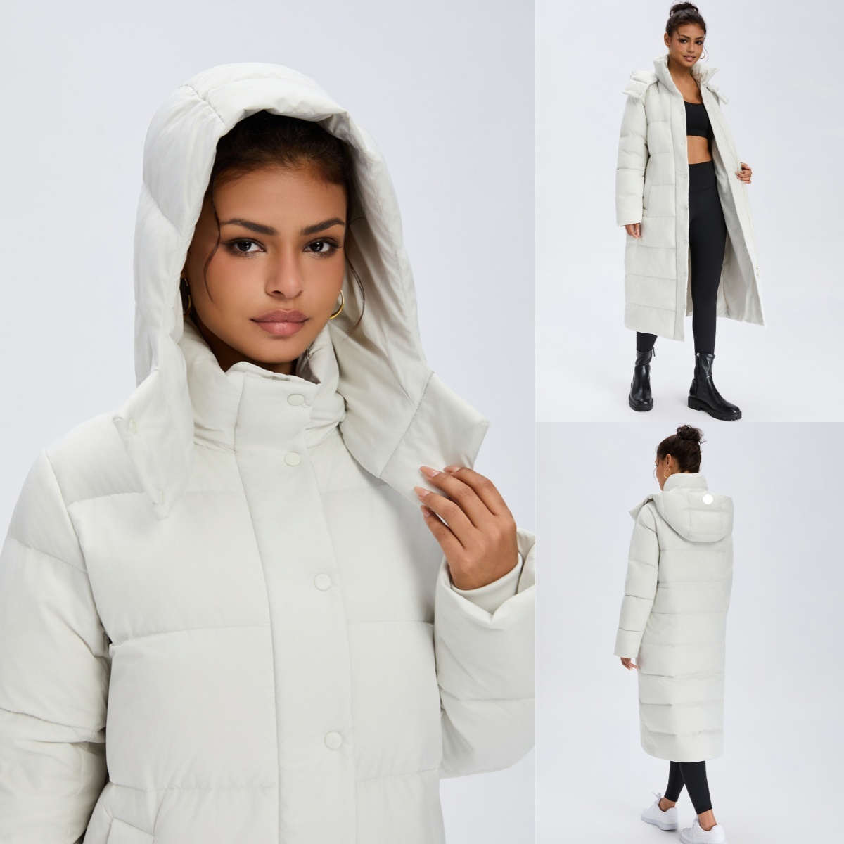 L6667 Womens White Goose Down Long Jacket with Nine Grid Puff Design for Winter Warmth Thick Hooded Down Coat Comfortable Jacket
