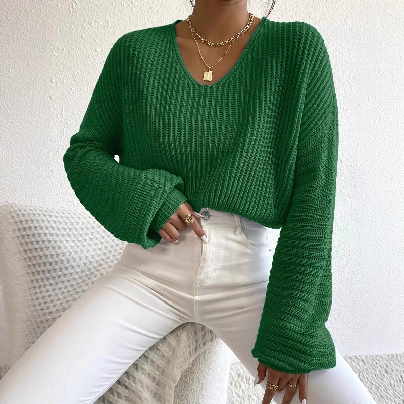 Designer New Solid V-Neck Lantern Long Sleeve Knit Pullover Sweater Women Loose Fit Elegant Commute Top
