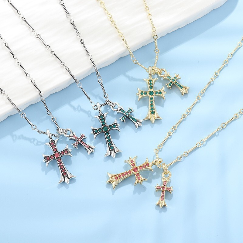 Pendentif en diamant de couleur Double croix, collier Hip-hop tendance pour Couple polyvalent