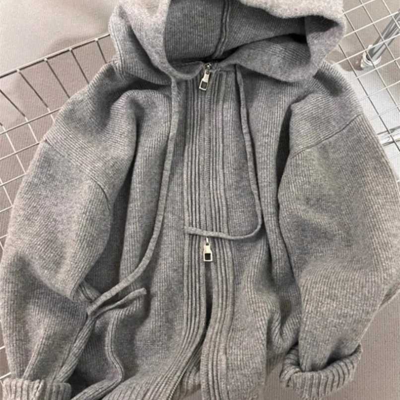 hooded Grey sweater jacket for womens spring and autumn double long slved knitted sweater S261012DM84