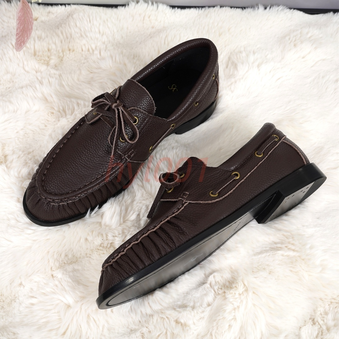 Vintage Leather Boat Shoes Men Women Luxury Designer Suede Loafers Ruched Moccasins Lace Up Casual Flats Driving Walking Sneakers Big Size 35-47 Fac