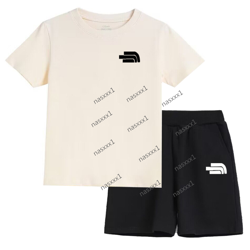 Summer Short Sleeve 100% Cotton Beige T Shirt shorts 2 Piece Set Children Clothes Letter Print Sport Casual Fashion Boy Girl Kid Tracksuit
