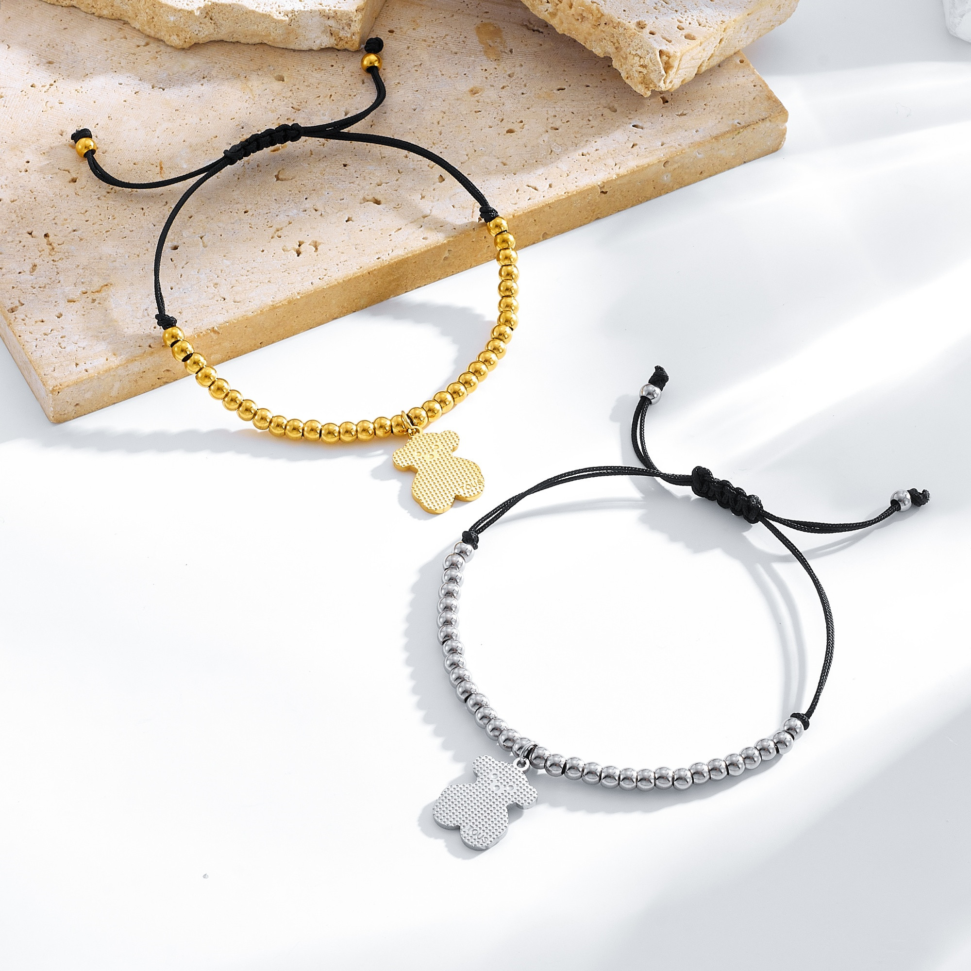 New Fashion Women Girls Silver Gold Stainless Steel Round Span Cartoon Letter Bear Charm Weave Rope Bead Bracelets Jewelry Pulsera Gift