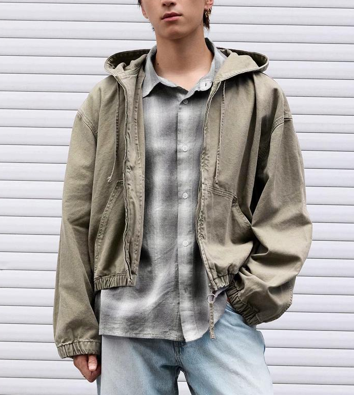 Design Style Men's Hooded Washed Denim Jacket Loose Fit Cotton Zip Up Short Coat Drop Shoulder Spring Autumn Winter Casual Outerwear
