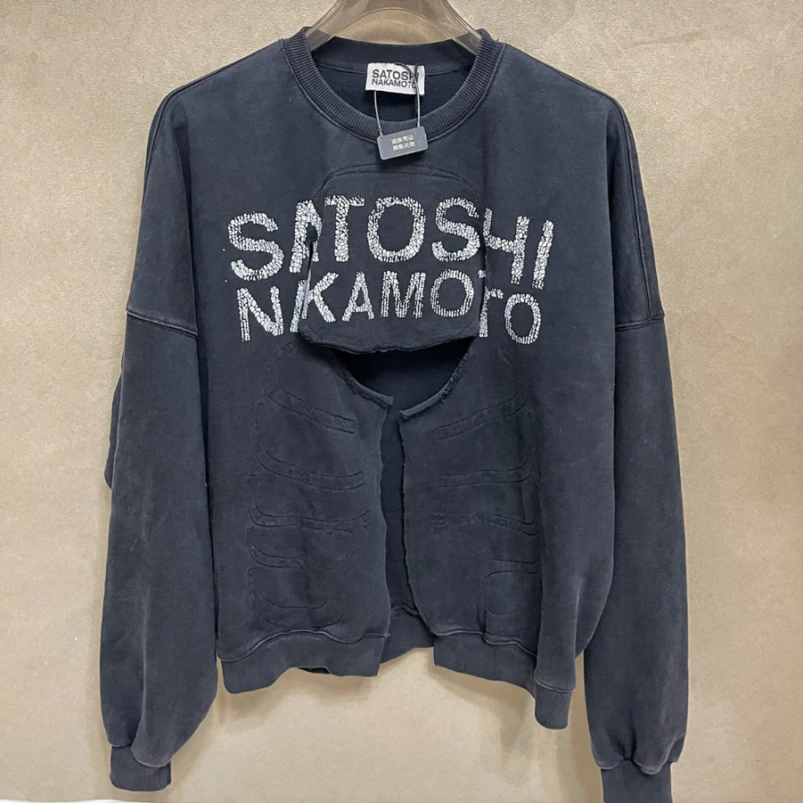 Streetwear Cracked Letter Washed Black Sweatshirts for Men and Women Frayed Crew Neck Vintage Loose Hoodies Oversized
