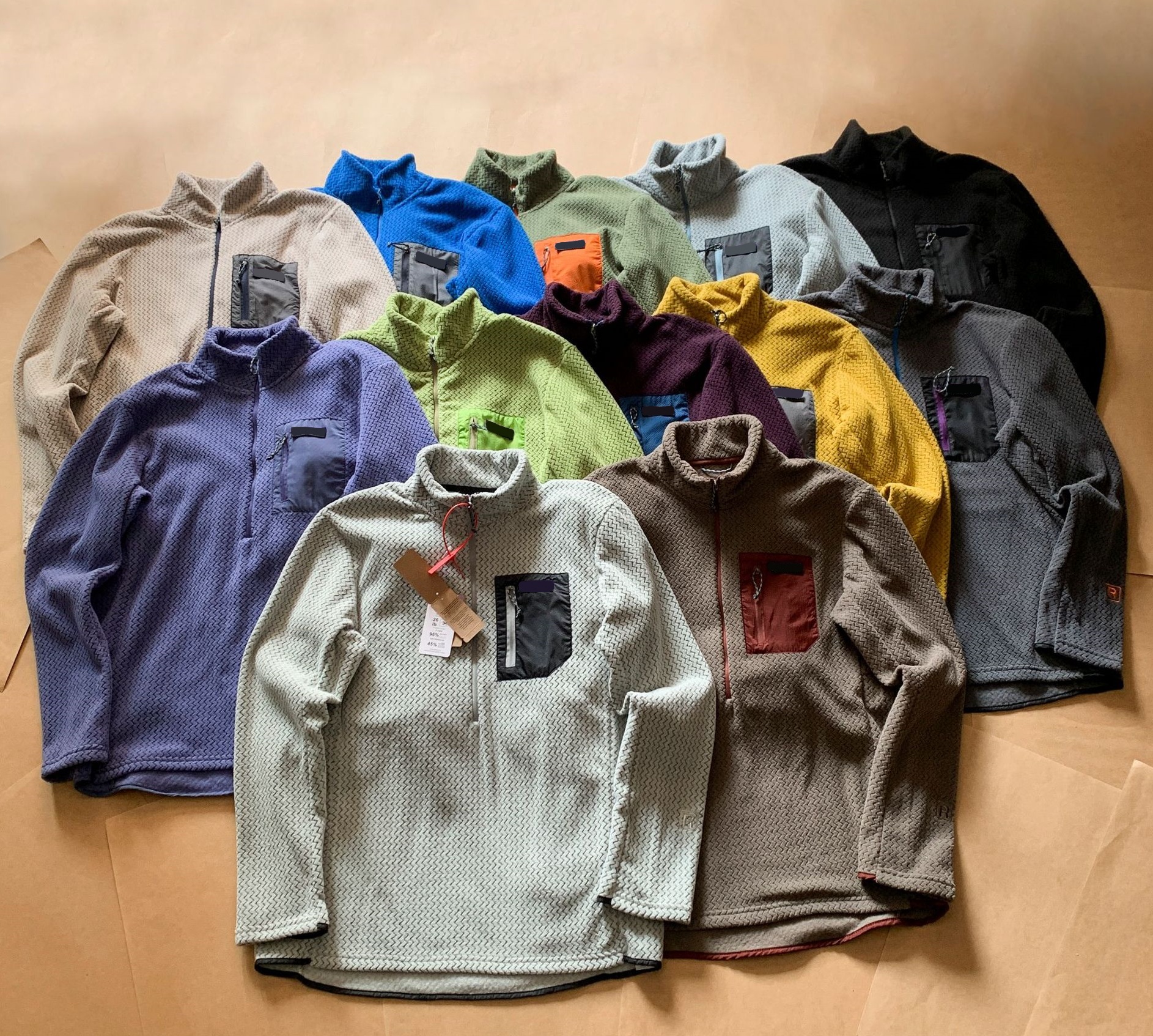Men's Designer Half-zip Fleece Jacket Stand Collar Waffle Grid Loose Pullover Chest Zipper Pocket Outdoor Hiking Warm Jacket