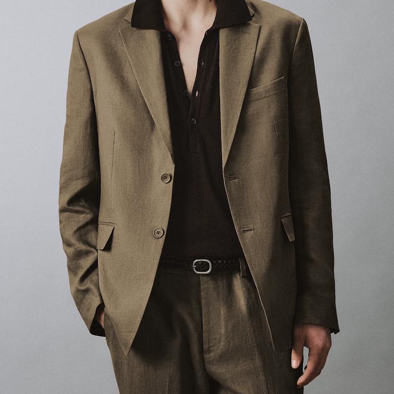 Blazer en lin pur pour hommes, coupe cintrée, costume d'affaires décontracté à deux boutons, veste à revers cranté, manteau de couleur unie pour