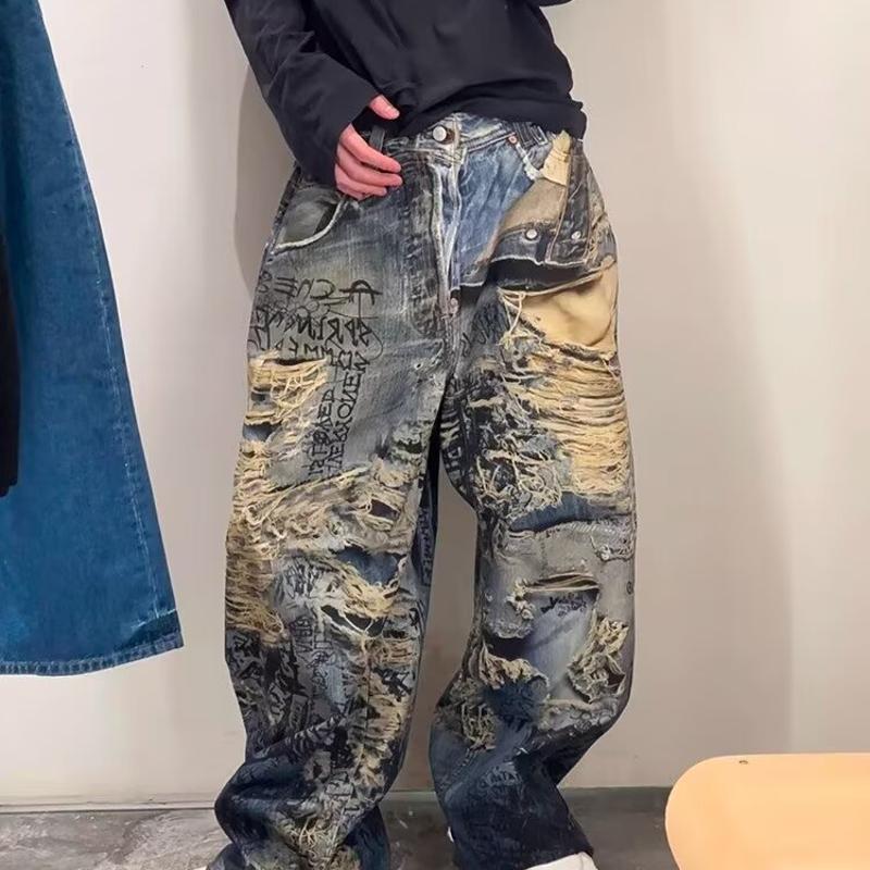 Designer Unisexe Surdimensionné Hommes Femmes High Street Graffiti Imprimer Lavé Jambe Large Jeans Taille Haute 3D Imprimer Casual Streetwear Été