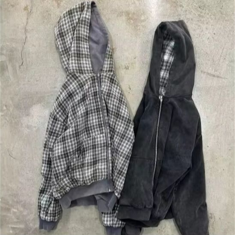 Reversible Plaid American Retro Zipper Hoodie Sweatshirt Mens Womens Casual Plaid Sweatshirt Solid Color Lining Y2K Street Style 261010