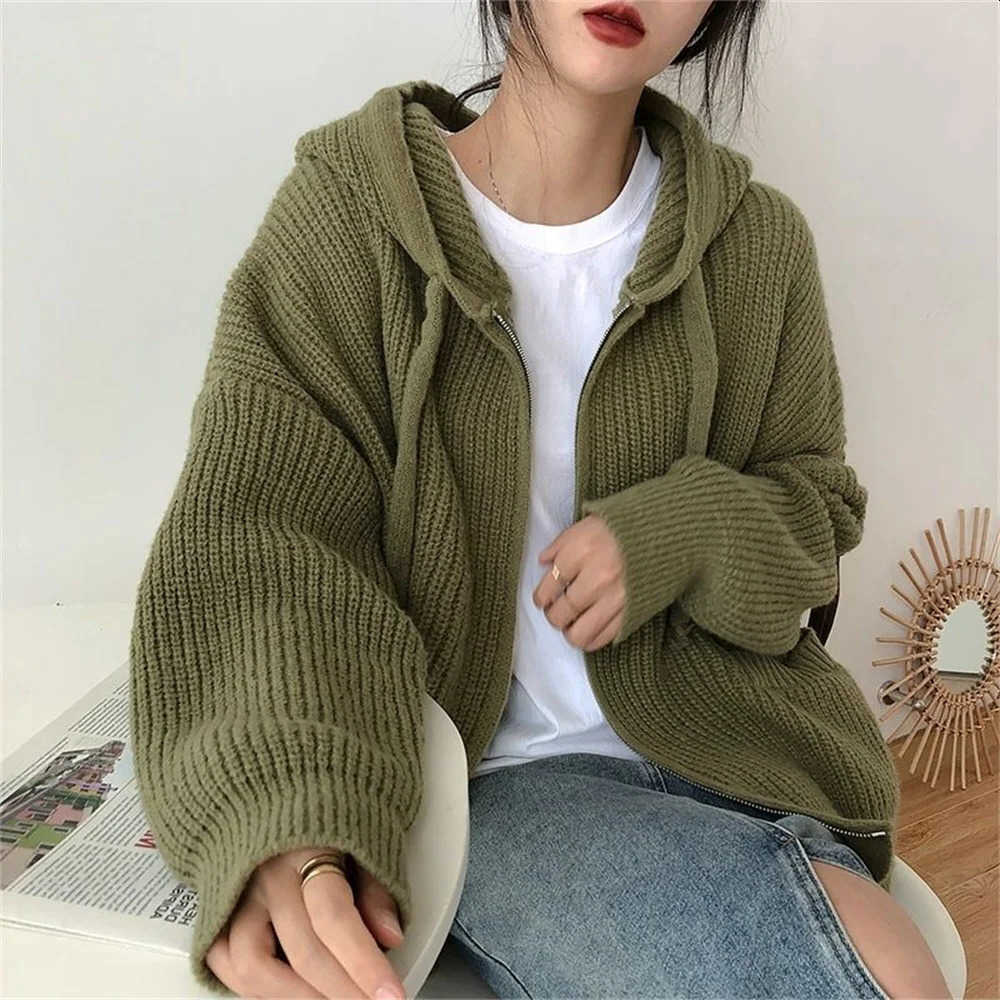 Retro Womens Hoodie Knitted Womens Autumn and Winter Pocket Sweater Coat Womens Solid Knitted S261012P1IS