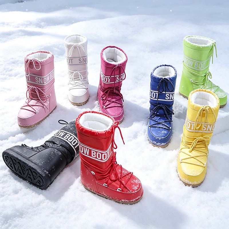 High top boots with colorful lace up midsole, winter boots with plush lining, warm and non slip thick bottom, outdoor skiing boots, fashionable lett