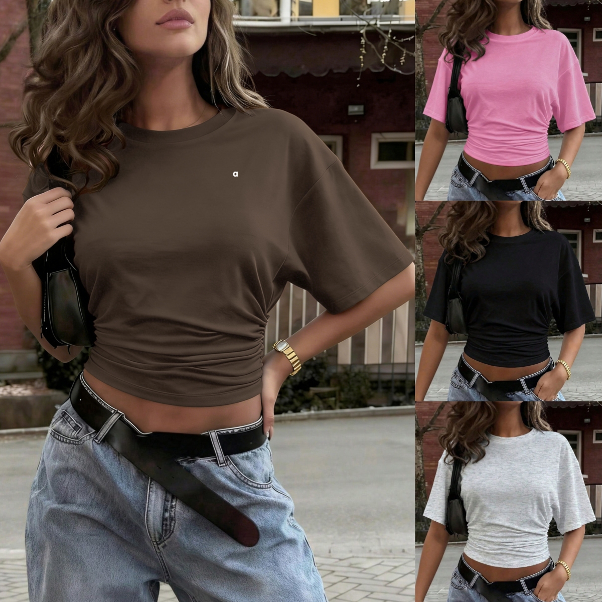 A3094 Women's Short-Sleeve Solid-Color Crew-Neck Batwing-Sleeve Fitted T-Shirt
