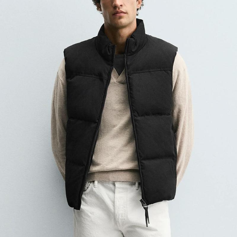 Designer Men's Winter Sleeveless Padded Vest Stand Collar Zip Up Thick Warm Puffer Gilet Casual Slim Fit Solid Color
