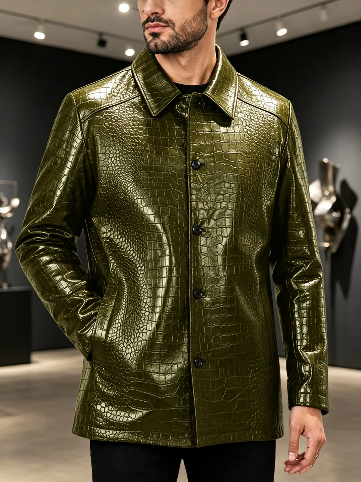 Mens Embossed Leather Blazer Lapel Collar Single Breasted Vintage Coat Banquet Party Business Outerwear Jacket 260929