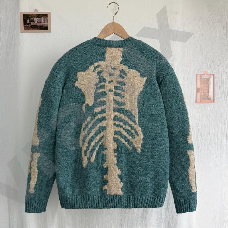 Pull en tricot jacquard squelette pour hommes, col rond, manches longues, surdimensionné, coupe ample, rétro, motif os de crâne, tricot, Streetwe