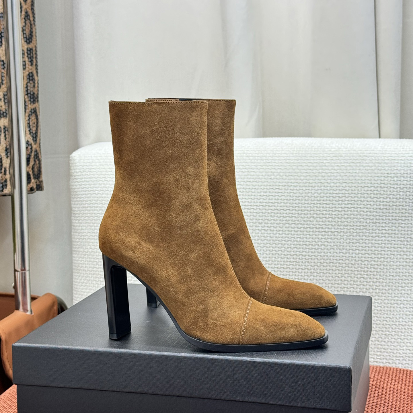 Designer Women Square Toe High Heel Ankle Boots, 2026 Fall New Arrival, Glossy Calfskin Boot, Elegant Retro Footwear for Party & Daily Streetwear