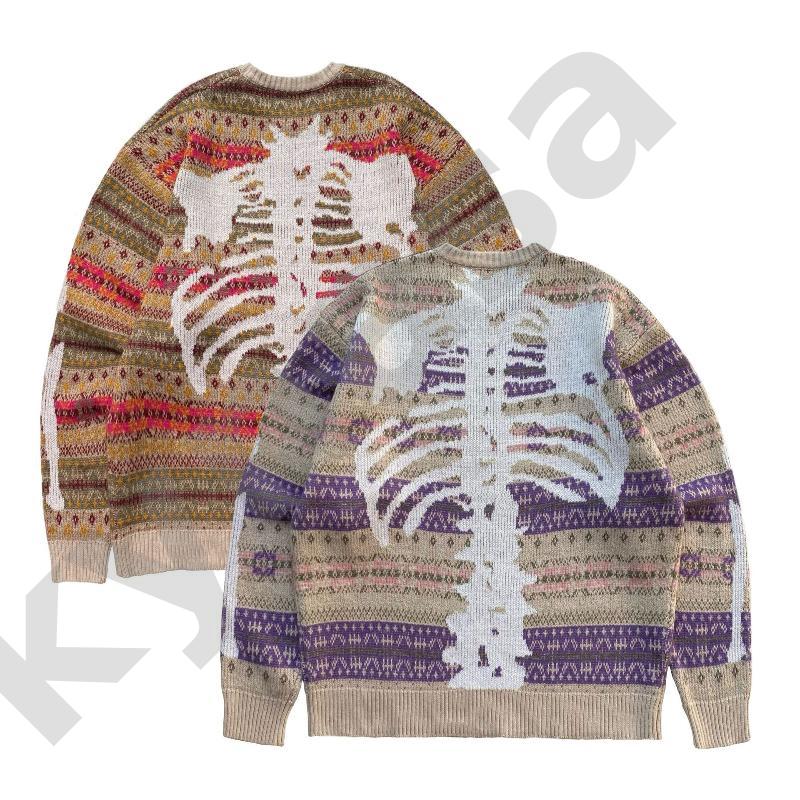 Pull tricoté vintage à manches longues et col rond pour homme - Coupe ample surdimensionnée - Motif osseux rétro - Style gothique de rue - Chaud