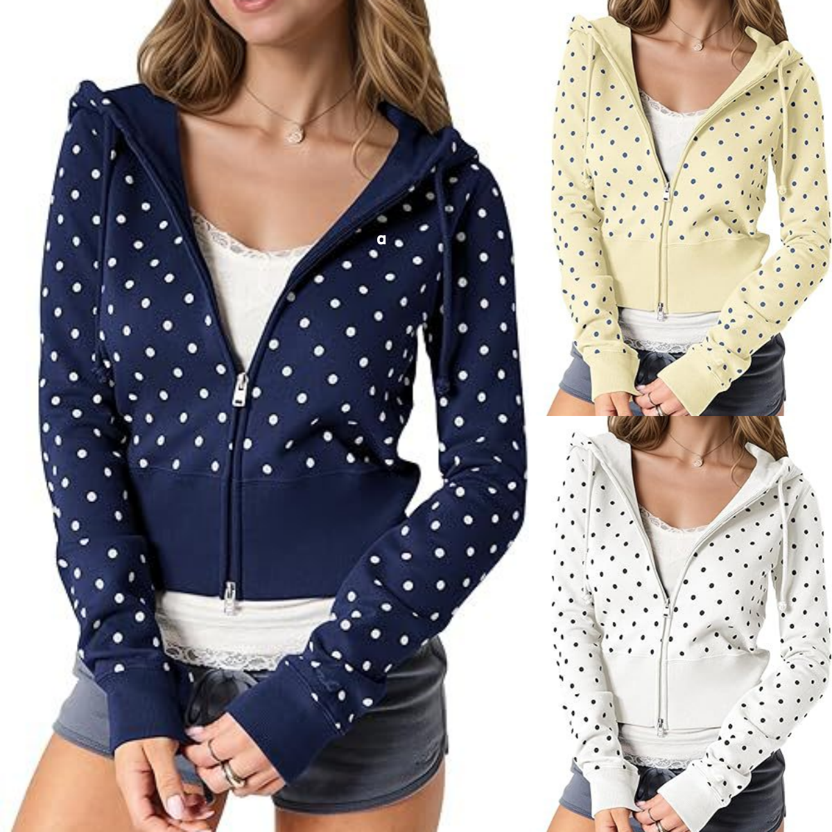 Sweat-shirt à capuche à pois 3D pour femme, veste décontractée, coupe cintrée, courte, fermeture éclair, manches longues, printemps/automne, A310
