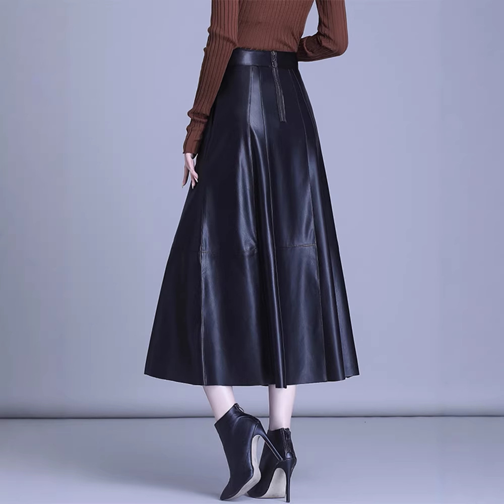 Fashion Solid Mujer Faldas PU Leather Maxi Skirts Womens Elegant OL Long Saias Casual High Waist Zipper Jupe Femme 241231