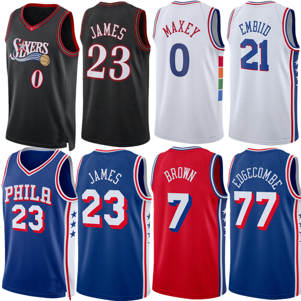 Personnalisé 23 James 7 Brown V. J. Edgecombe Joel Embiid Jaylen Tyrese Maxey Maillot de basket-ball Allen Iverson Chemise rétro Maillots bleus