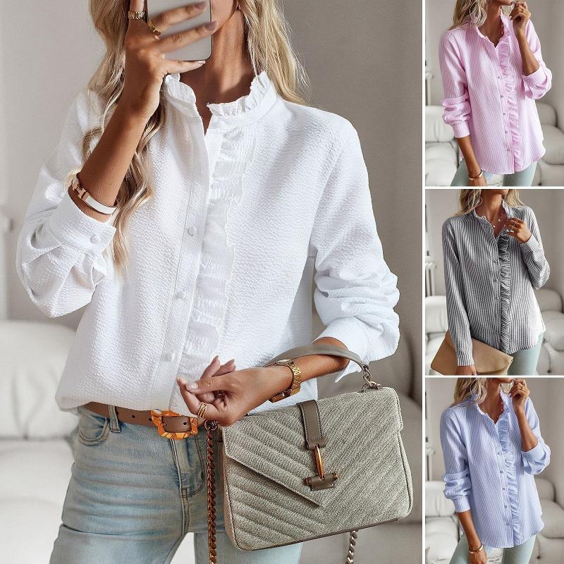 Chemise boutonnée à manches longues et à carreaux rayés pour femmes, chemisier élégant à col à volants pour les déplacements au bureau