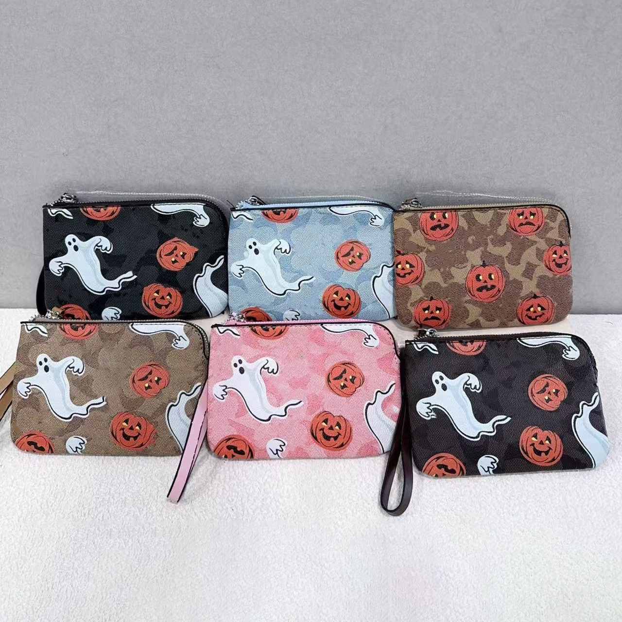 Designer Wallet Halloween Ghost Pumpkin Coin Purse Luxury Canvas Coin Pouch Women Zipper Keychain Wrist Strap Card Holder Small Wallet Purse Wallet