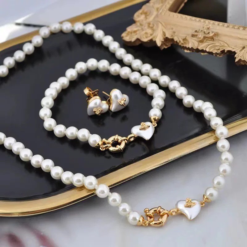 Women Gold Tone Imitation Pearl Jewelry Set, Heart Shape Faux Pearl Pendant Necklace Bracelet Stud Earrings, Elegant Vintage Statement Jewellery Gif