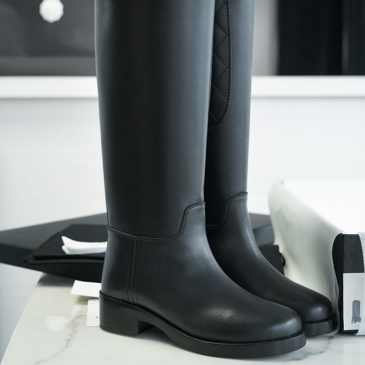Ladies Classic Quilted Riding Tall Boots Solid Black Leather Knee High Boots Low Block Heel Round Toe Equestrian Footwear For Daily Commute