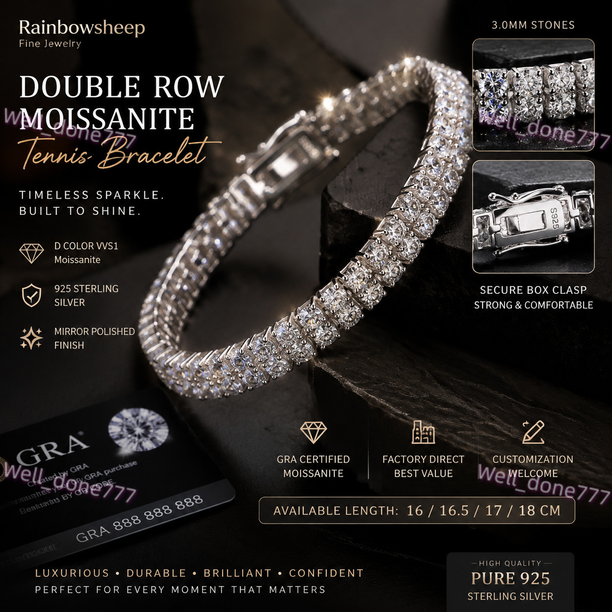 S925 Sterling Silver Double Row Moissanite Tennis Bracelet D Color VVS1 3.0MM Moissanite Fine Jewelry Party Gift for Men Women