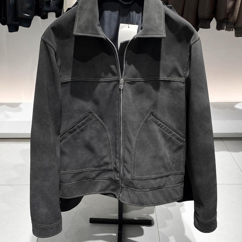 Veste en cuir simili-suède pour hommes, col à revers, coupe ample, coupe-vent, vêtements d'extérieur décontractés, automne Streetwear, gris café