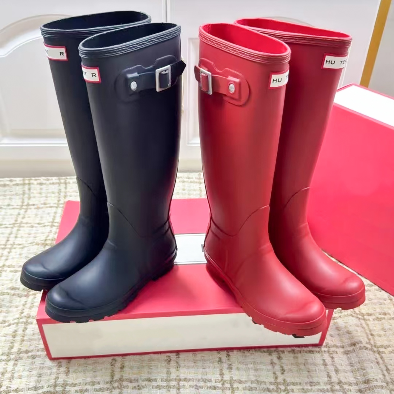 Original Tall Wellington Rain Boots Pull on Womens High Calf Wellies Matte Gloss Rubber Decorative Side Buckle Waterproof Non Slip Sole For Daily Ou