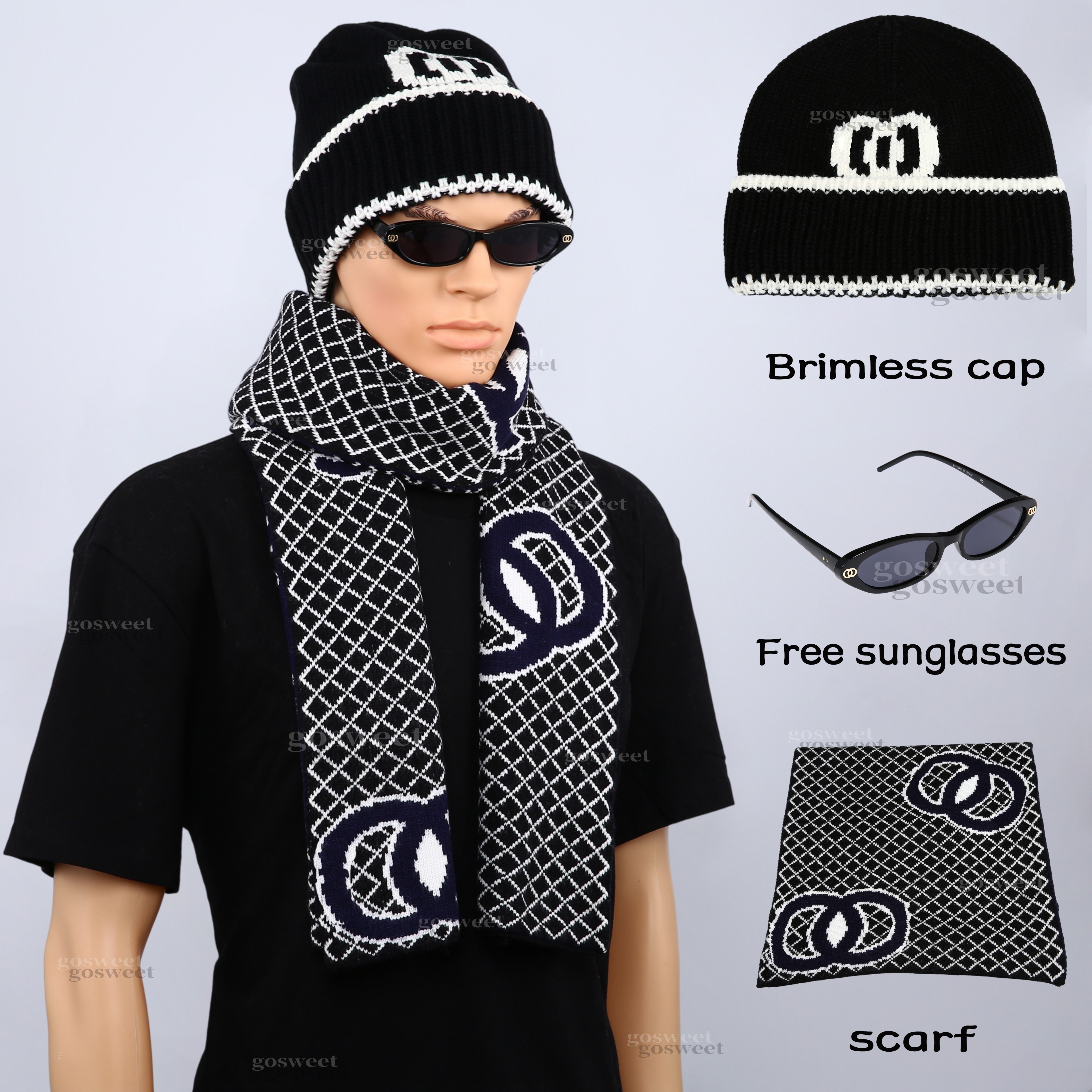 Three-Piece Knit Cuffed Beanie Scarf Set Overlapping Double Ring Pattern and Striped Trim Fashion Casual Accessories with Free Sunglasses