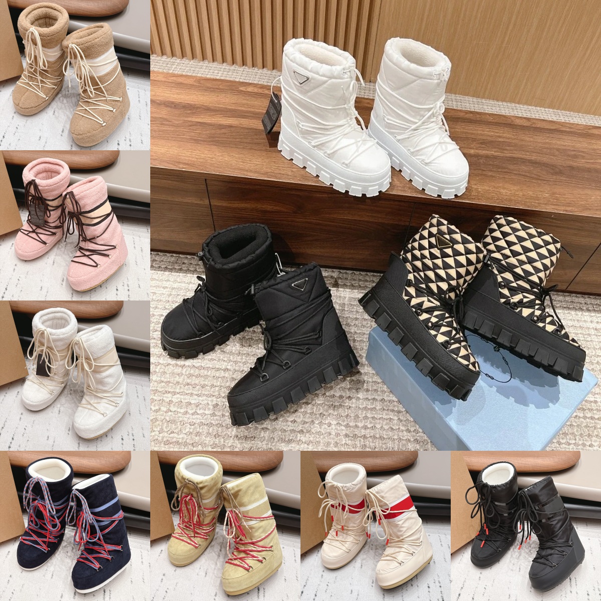 Womens winter gabardine Ankle Snow boot Designer ski boots Luxury Shearling wool Nylon leather Casual booties outdoor suede Fur Boot Furry Knee Wedg