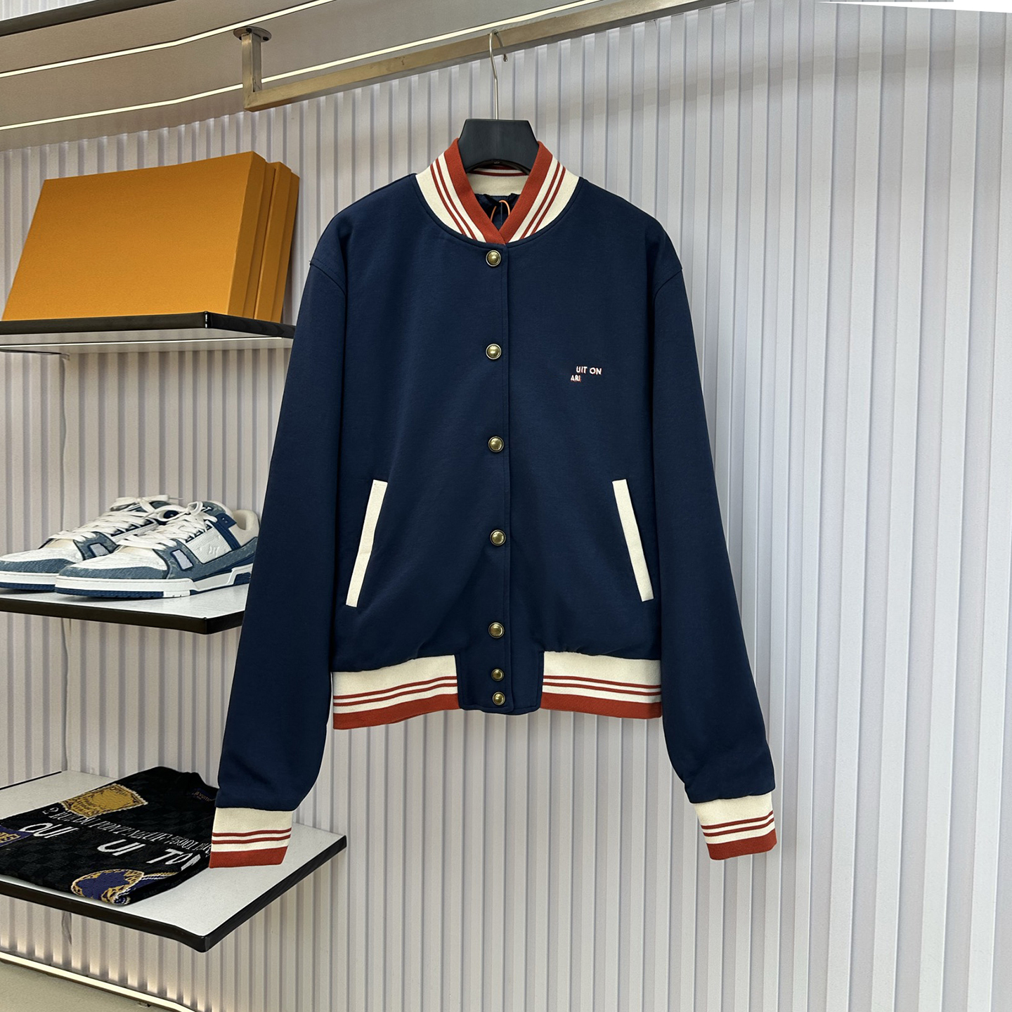 Designer brand high-quality men's embroidered contrasting color baseball jacket men's navy school team striped ribbed collar retro basebal