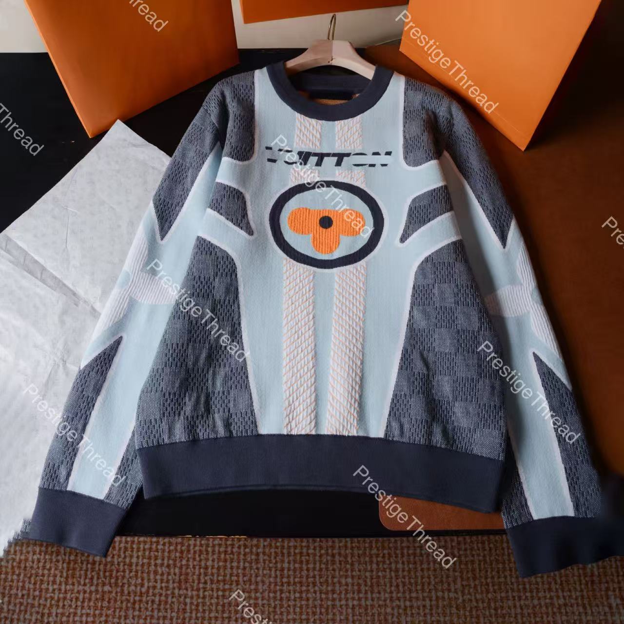 26 Early Autumn Unisex Racing-Style Crewneck Sweatshirt Designer High-Quality Men's Hoodies & Sweatshirts Classic Gray-Blue Color-Block Checker