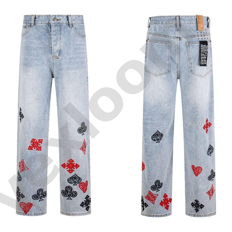 Pantalon en jean brodé de cartes de poker pour hommes, taille haute, jambe droite, décontracté, jambe large, motif de carte à jouer, Streetwear,