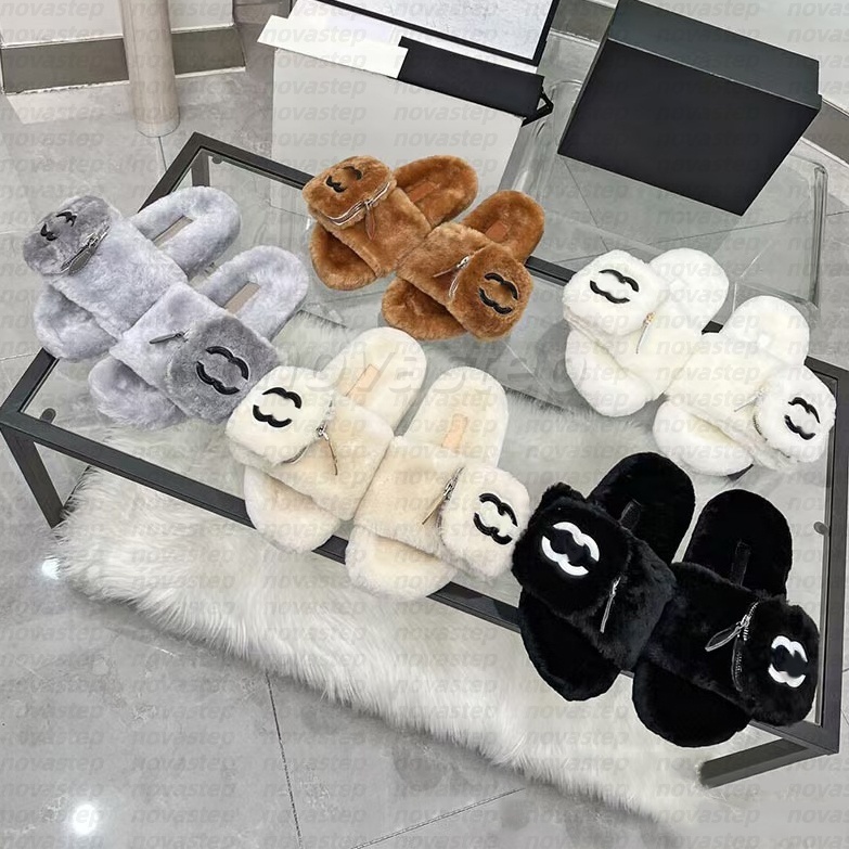 Designer luxury fur slippers Pocket Fuzzy Slides wool slides women mens winter warm Zipper House Shoes casual mules Comfortable Fuzzy Flip Flop Fluf