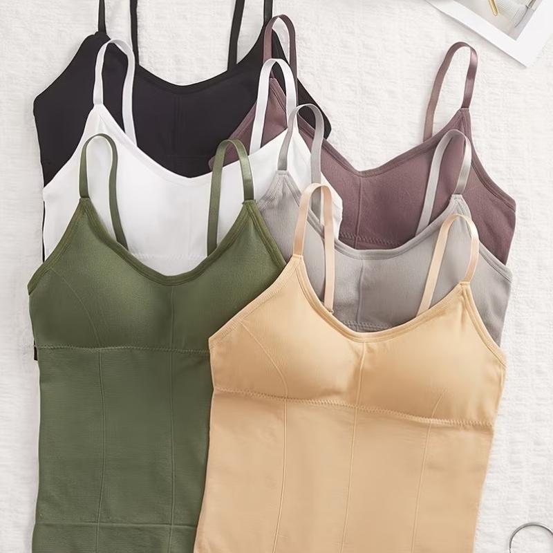 High-quality women's sexy solid color camisole tank top with built-in bra pads, slim-fit inner wear, sleeveless basic top for summer