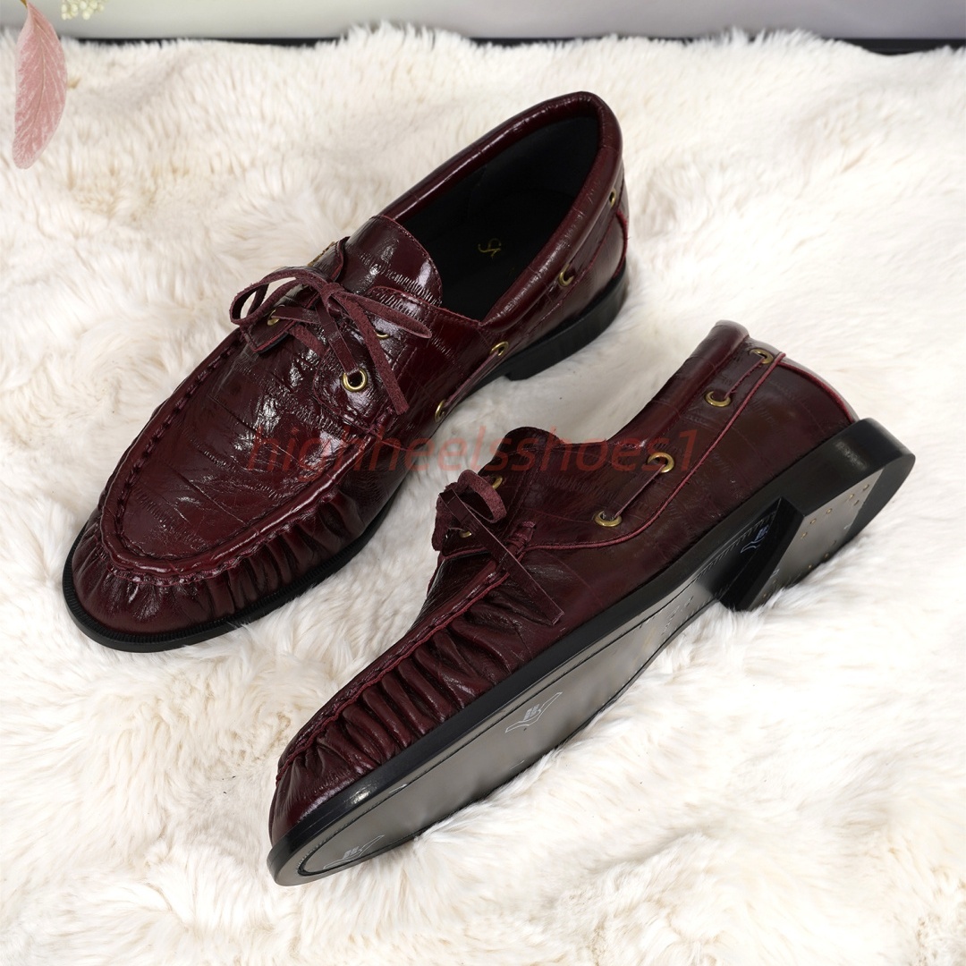 Luxury Designer Men Women Boat Shoes Genuine Leather Suede Crocodile Embossed Moccasins Ruched Pleated Toe Lace Up Flat Casual Sneakers Plus Size 35
