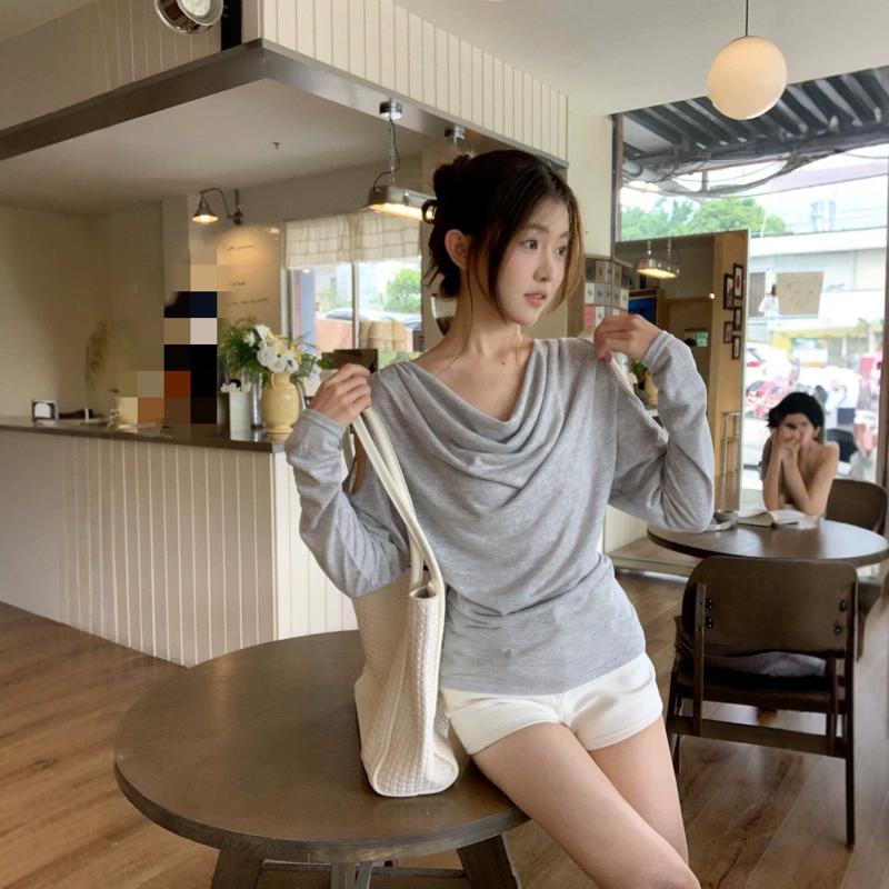 Designer Women Summer Lyocell Tencel Long Sleeve Off Shoulder T Shirt Loose Slimming Solid Color Korean Style Casual Top