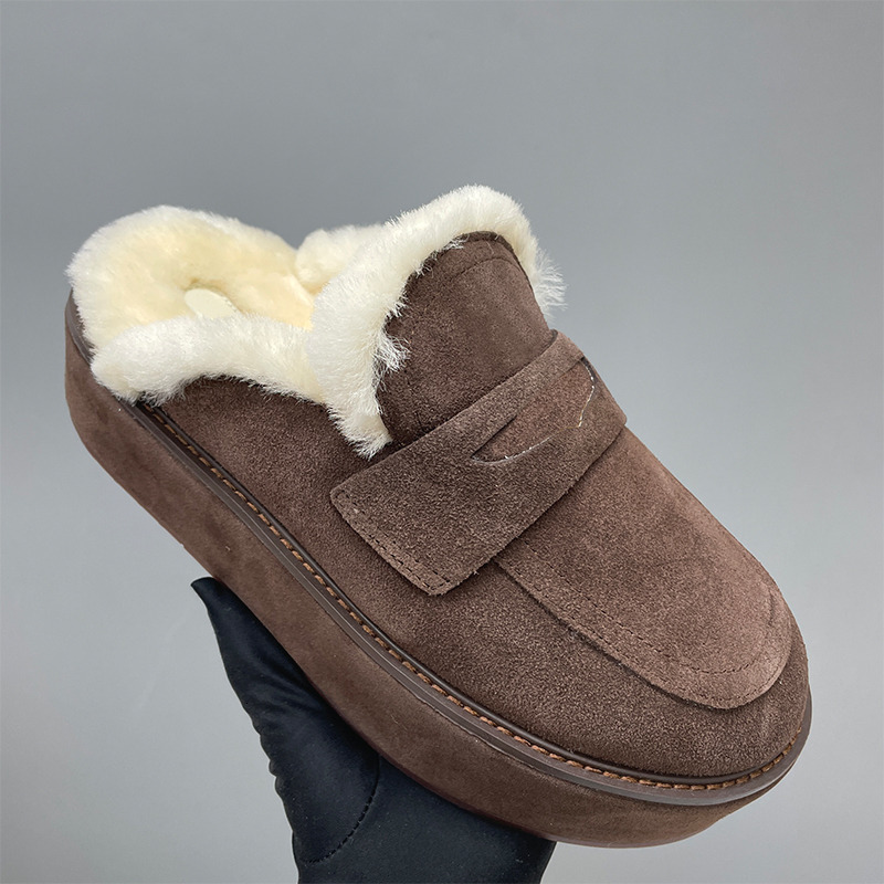 Luxury Designer Fur Lined Mules Platform Shearling Clogs Winter Women Backless Loafers Fluffy Furry Warm Slippers Boots Coin Buckle Shoes 1181