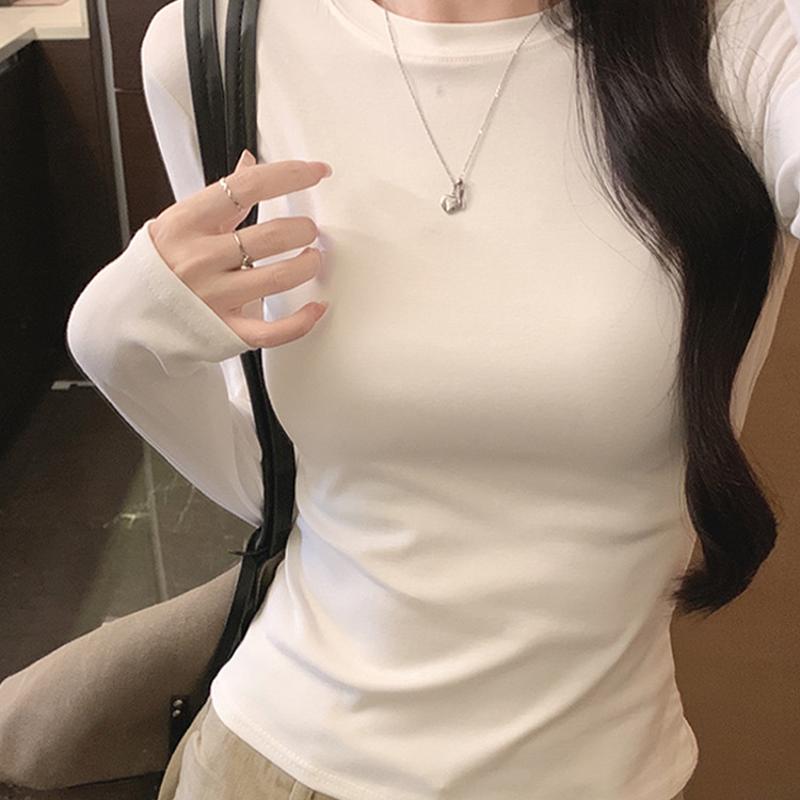 Designer Women's Round Neck Long Sleeve T-Shirt Slim Fit Cotton Base Layer Top Autumn Winter White Basic Tee Tops